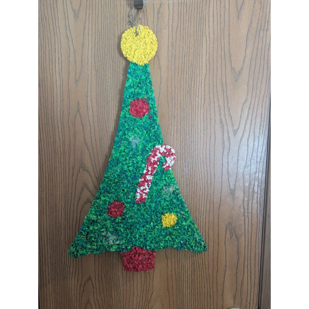Vintage Melted Popcorn Plastic Christmas Tree Candy Cane Retro Wall Decor